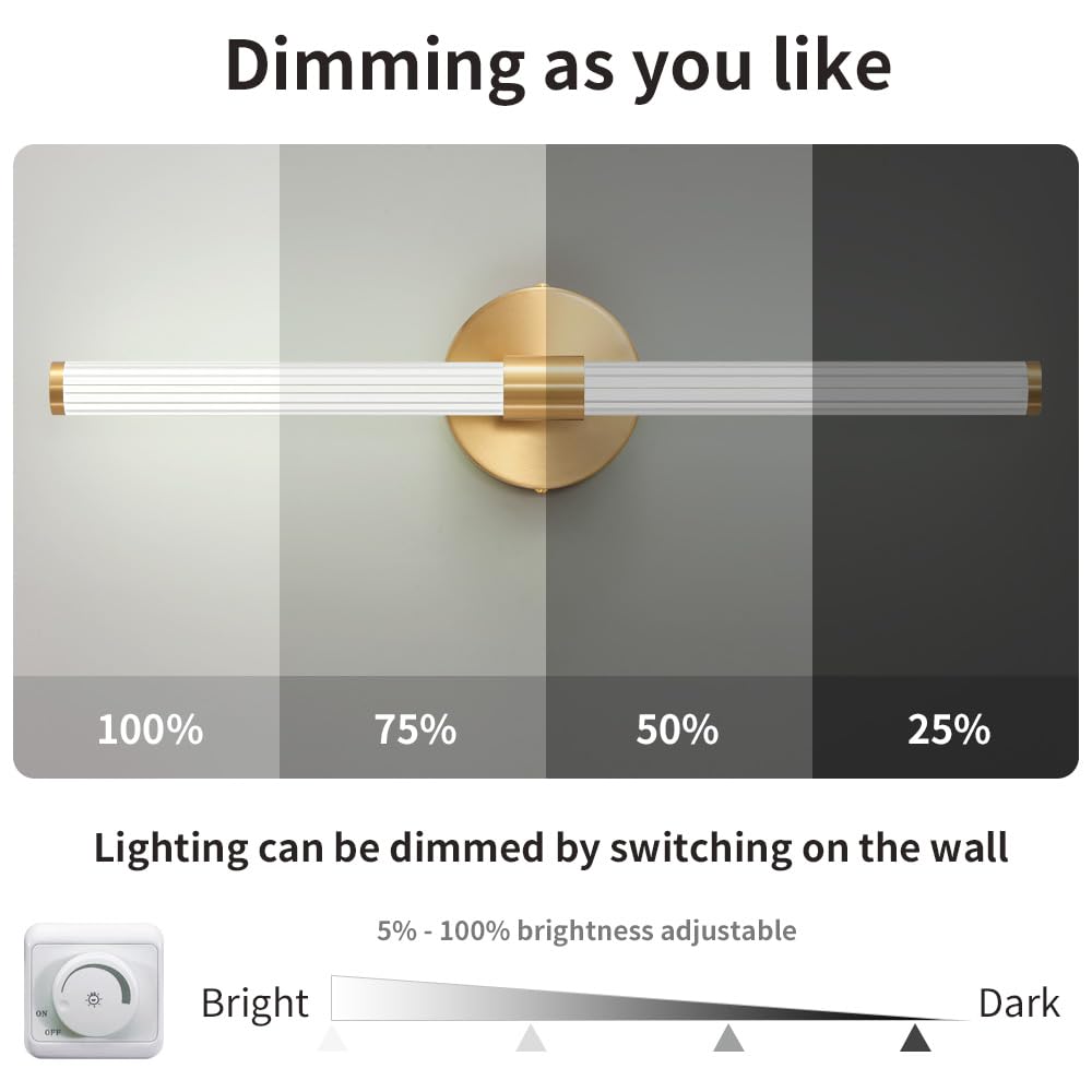 LED Bathroom Light Fixtures Gold Bathroom Vanity Lights Over Mirror 360° Full Lighting Dimmable LED 22 inch Vanity Light Bar Modern Wall Sconce Warm Light for Bedroom Living Room