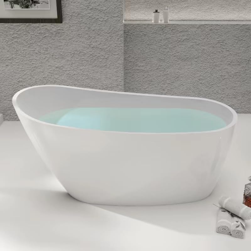 59 in. High-back Free Standing Tub, Contemporary Soaking Tub, Bathroom Stand Alone Freestanding Bathtub Overflow and Drain (Glossy White)