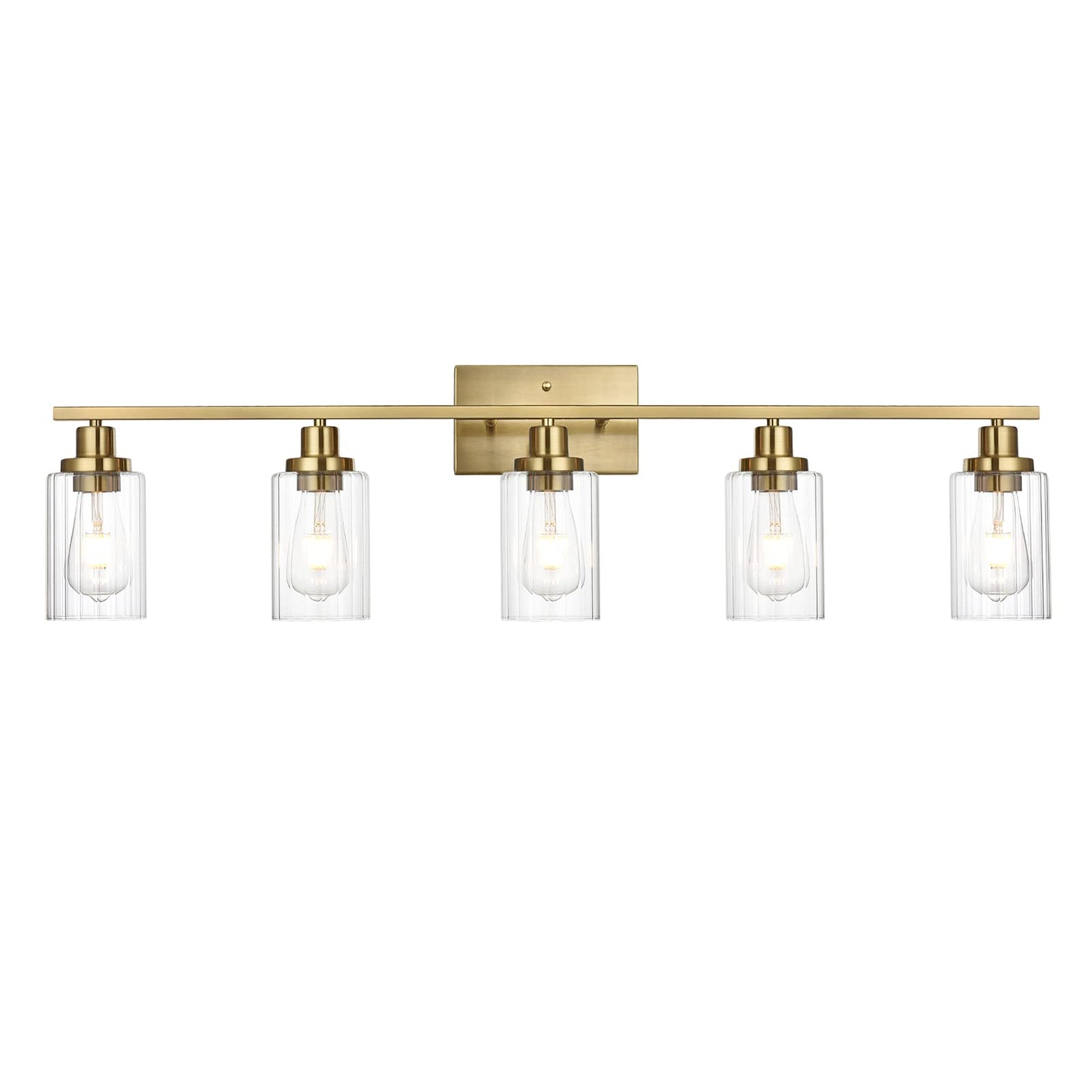 Jonsi Gold Bathroom Vanity Lights, 4 Light Brushed Gold Bathroom Light Fixtures with Fluted Glass Shade, Modern Gold Bathroom lights Over Mirror,Vanity Lighting Fixtures,31.1" W x 10.7" H