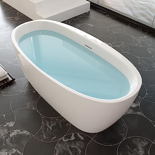 59 in. High-back Free Standing Tub, Contemporary Soaking Tub, Bathroom Stand Alone Freestanding Bathtub Overflow and Drain (Glossy White)