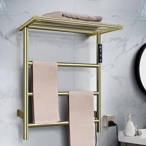 Towel Warmer Wall Mounted with 3 Electric Stainless Steel Heated Bars, Hot Towel Rack for Bathroom, Plug-in BathTowel Heater with Built-in Timer, Brushed Gold