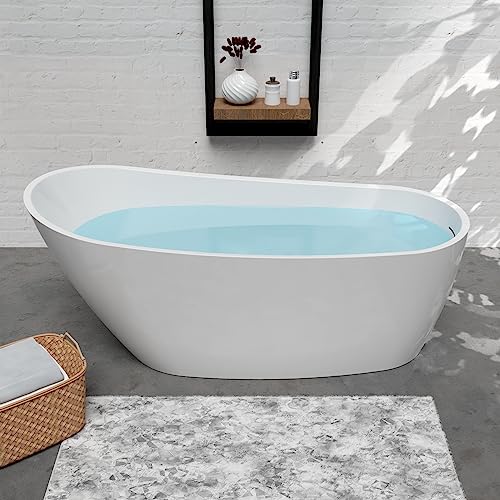 59 in. High-back Free Standing Tub, Contemporary Soaking Tub, Bathroom Stand Alone Freestanding Bathtub Overflow and Drain (Glossy White)