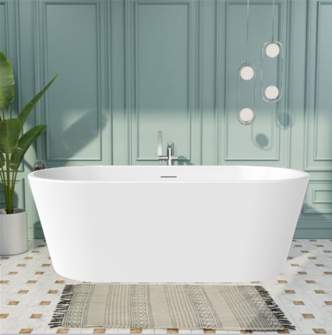 59 in. High-back Free Standing Tub, Contemporary Soaking Tub, Bathroom Stand Alone Freestanding Bathtub Overflow and Drain (Glossy White)