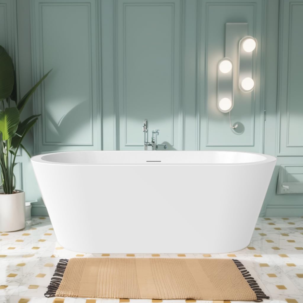 59 in. High-back Free Standing Tub, Contemporary Soaking Tub, Bathroom Stand Alone Freestanding Bathtub Overflow and Drain (Glossy White)