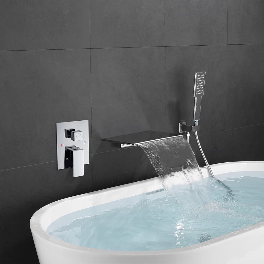 Wall Mounted Tub Faucet Set with Handheld Shower Modern Single Handle Waterfall Spout Tub Filler Solid Brass in Brushed Gold