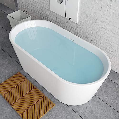 59 in. High-back Free Standing Tub, Contemporary Soaking Tub, Bathroom Stand Alone Freestanding Bathtub Overflow and Drain (Glossy White)