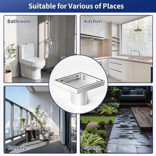 Square Shower Drain 6", Brushed Gold Floor Drain with Tiled Insert Grate & Hair Strainer, 304 Stainless Steel Bathroom 2-in-1 Tiled in Drain, CUPC Certified (Brushed Gold, 6'')