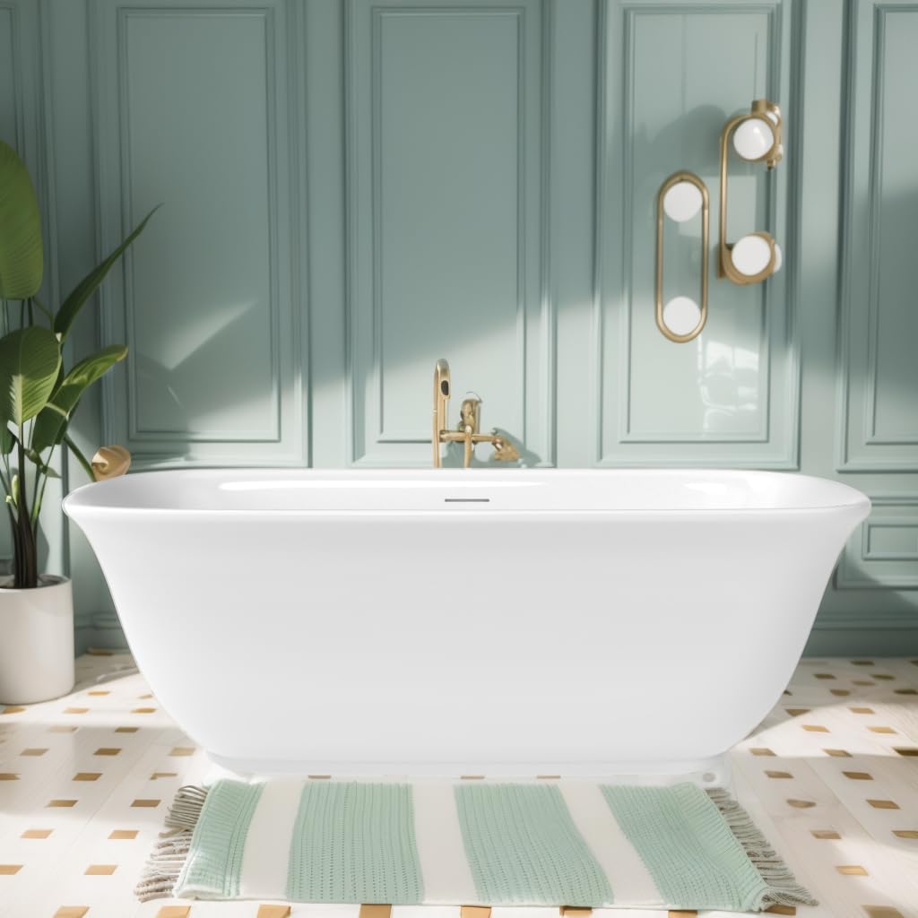 59 in. High-back Free Standing Tub, Contemporary Soaking Tub, Bathroom Stand Alone Freestanding Bathtub Overflow and Drain (Glossy White)