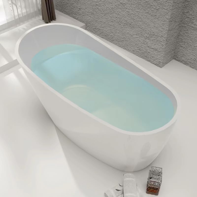 59 in. High-back Free Standing Tub, Contemporary Soaking Tub, Bathroom Stand Alone Freestanding Bathtub Overflow and Drain (Glossy White)