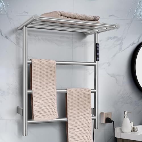 Towel Warmer Wall Mounted with 3 Electric Stainless Steel Heated Bars, Hot Towel Rack for Bathroom, Plug-in BathTowel Heater with Built-in Timer, Brushed Gold