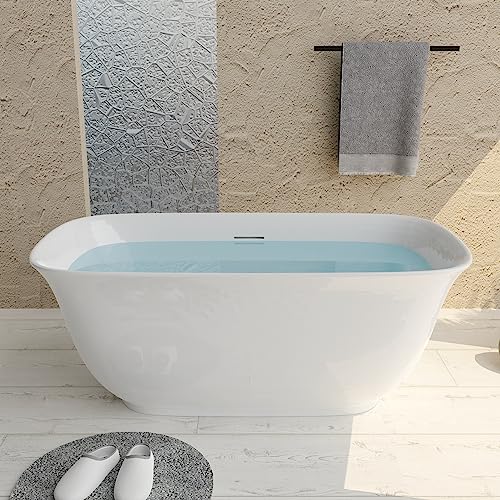 59 in. High-back Free Standing Tub, Contemporary Soaking Tub, Bathroom Stand Alone Freestanding Bathtub Overflow and Drain (Glossy White)