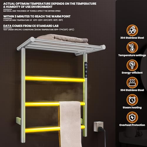 Towel Warmer Wall Mounted with 3 Electric Stainless Steel Heated Bars, Hot Towel Rack for Bathroom, Plug-in BathTowel Heater with Built-in Timer, Brushed Gold