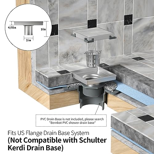 Square Shower Drain 6", Brushed Gold Floor Drain with Tiled Insert Grate & Hair Strainer, 304 Stainless Steel Bathroom 2-in-1 Tiled in Drain, CUPC Certified (Brushed Gold, 6'')