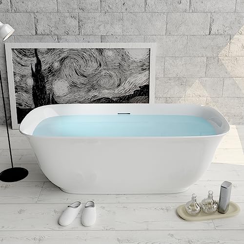 59 in. High-back Free Standing Tub, Contemporary Soaking Tub, Bathroom Stand Alone Freestanding Bathtub Overflow and Drain (Glossy White)