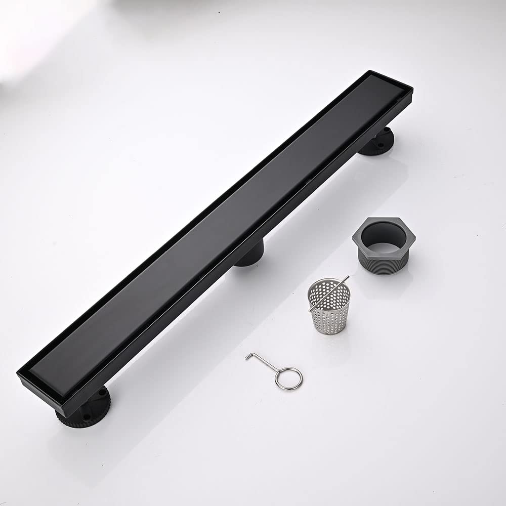 Linear Shower Floor Drain, Black 24 Inch 304 Stainless Steel Bathroom Drains Kit, Rectangular Shower Trench Drain with Reversable Tile-in Pattern Drain Cover & Hair Catcher