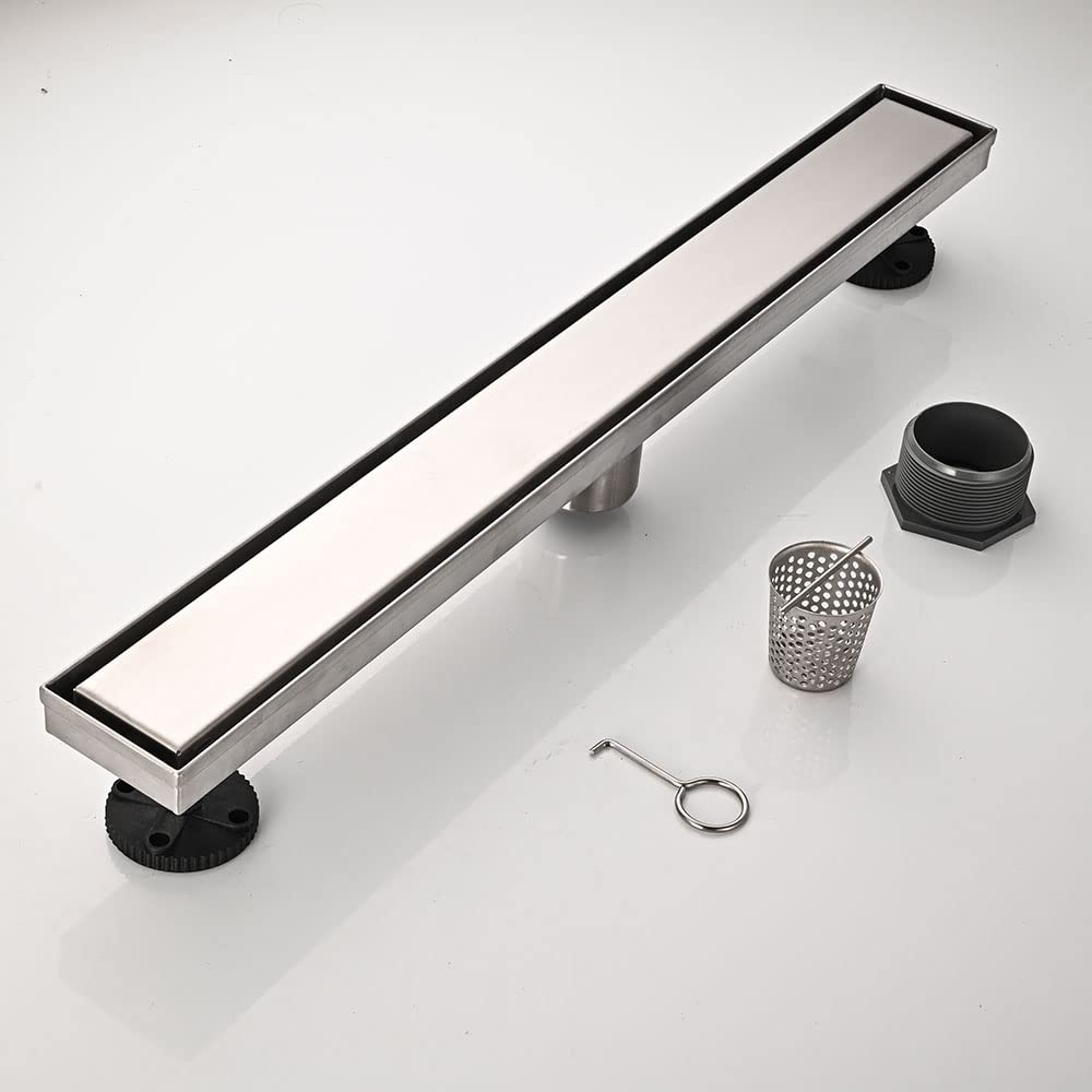 Linear Shower Floor Drain, Black 24 Inch 304 Stainless Steel Bathroom Drains Kit, Rectangular Shower Trench Drain with Reversable Tile-in Pattern Drain Cover & Hair Catcher
