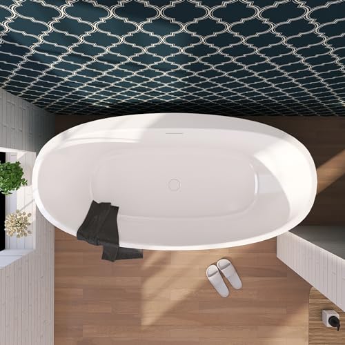 59 in. High-back Free Standing Tub, Contemporary Soaking Tub, Bathroom Stand Alone Freestanding Bathtub Overflow and Drain (Glossy White)