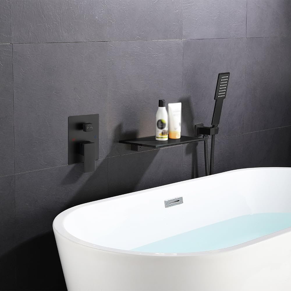 Wall Mounted Tub Faucet Set with Handheld Shower Modern Single Handle Waterfall Spout Tub Filler Solid Brass in Brushed Gold