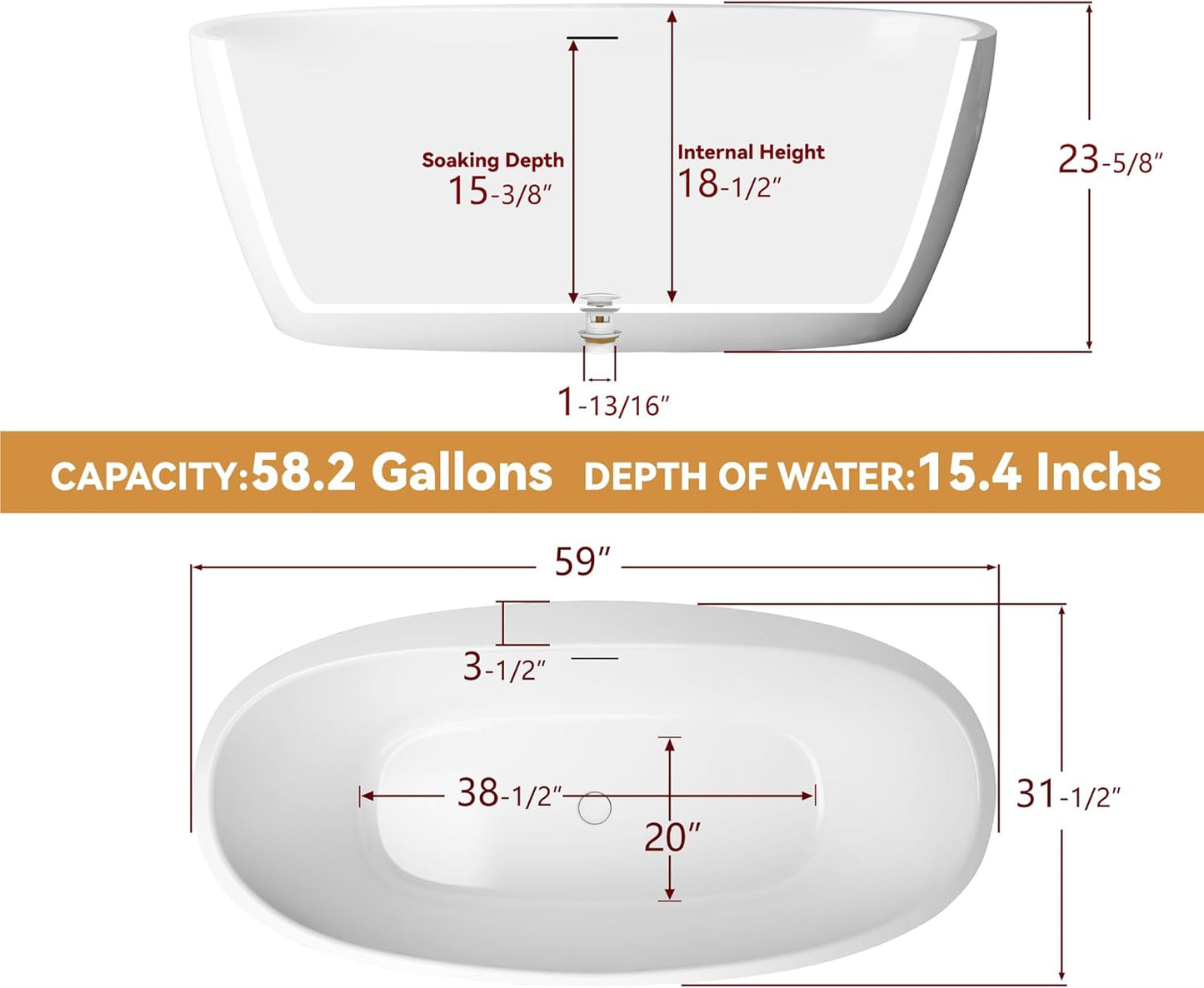 59 in. High-back Free Standing Tub, Contemporary Soaking Tub, Bathroom Stand Alone Freestanding Bathtub Overflow and Drain (Glossy White)