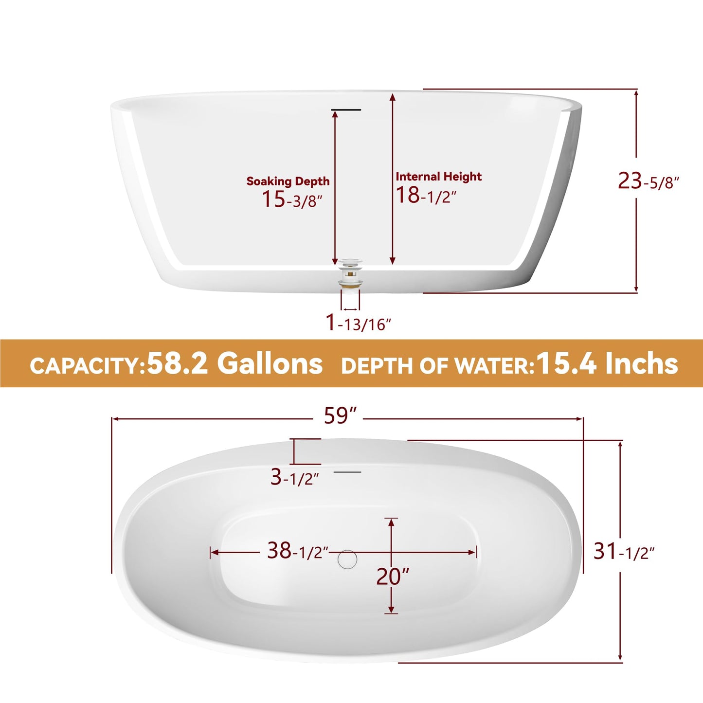 59 in. High-back Free Standing Tub, Contemporary Soaking Tub, Bathroom Stand Alone Freestanding Bathtub Overflow and Drain (Glossy White)