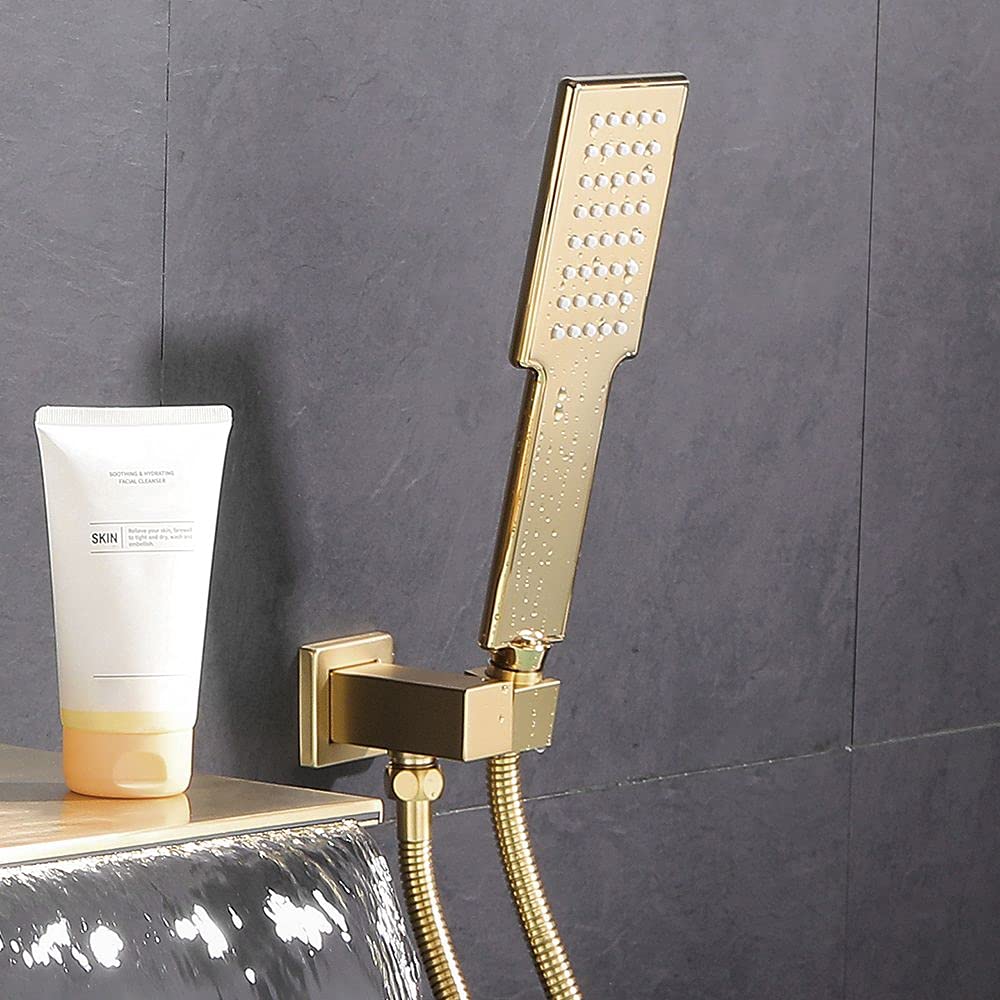 Wall Mounted Tub Faucet Set with Handheld Shower Modern Single Handle Waterfall Spout Tub Filler Solid Brass in Brushed Gold