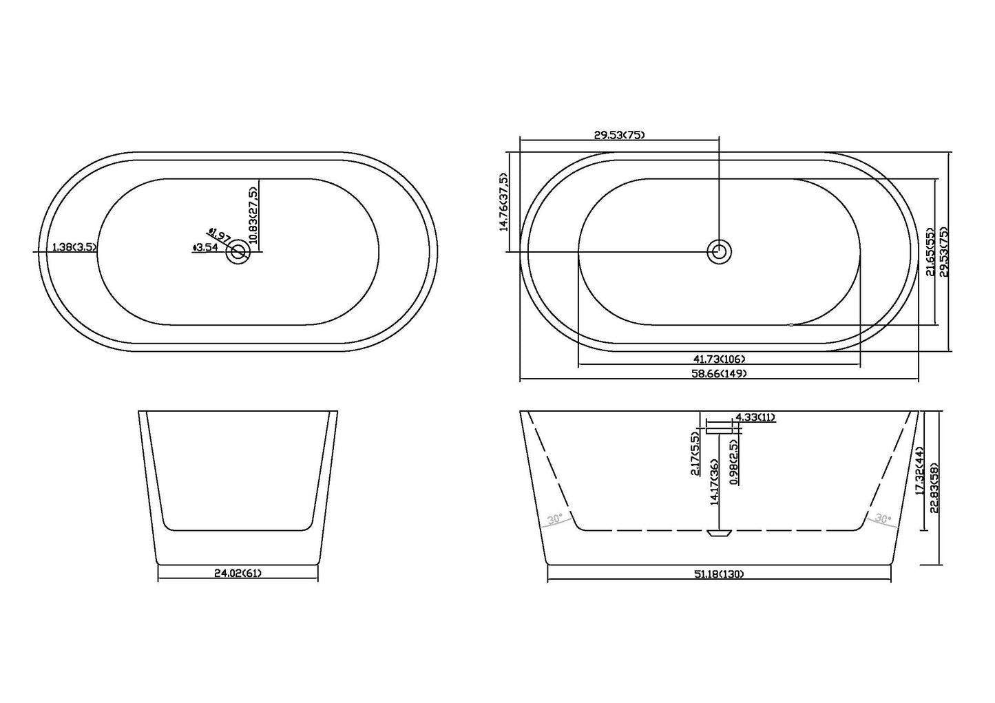 LOVMOR 67" Acrylic Freestanding Soaking Bathtub Soaking Bath Tub with Brushed Nickel Overflow and Pop Up Drain for Bathroom, Double Slipper Tub, Whit