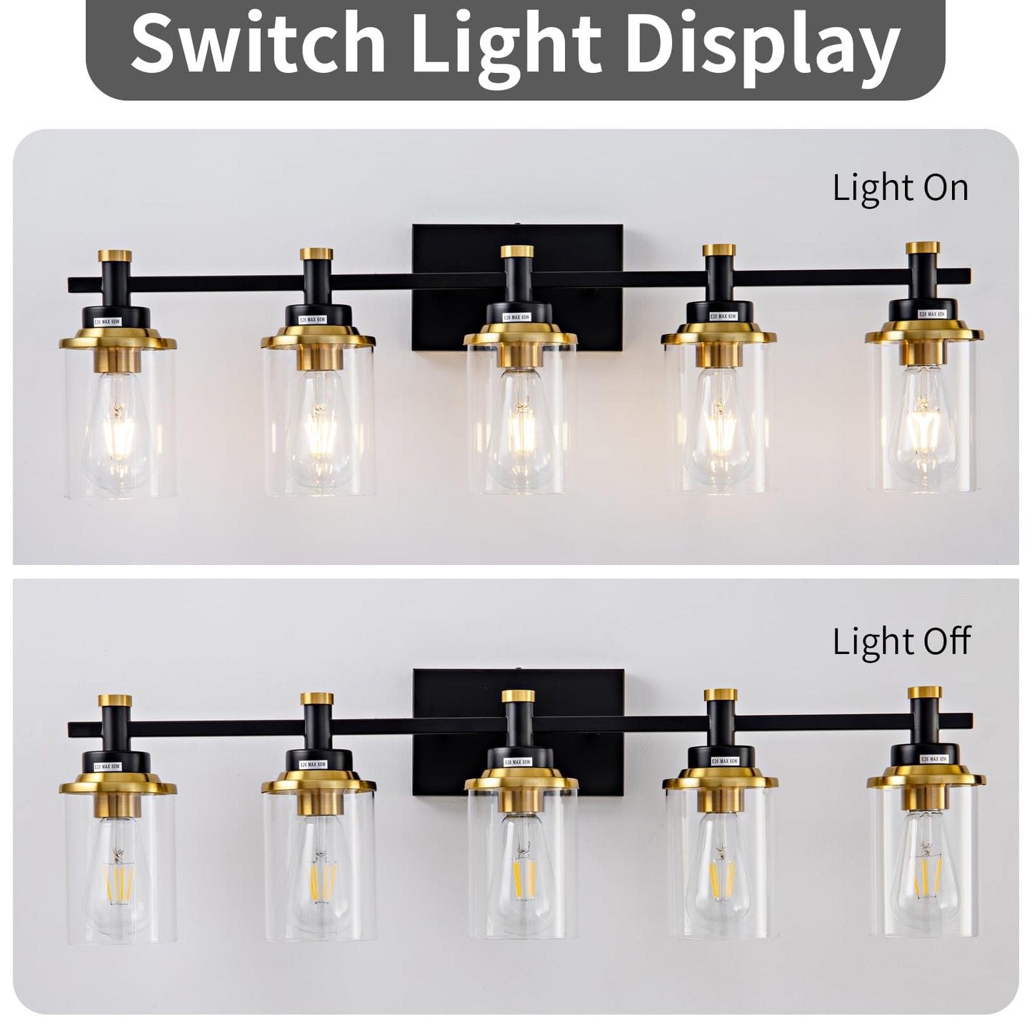 3 Light Bathroom Light Fixtures, Black and Brushed Gold Vanity Light Fixture Over Mirror, Modern Wall Sconces Lighting Wall Lamp for Bathroom, Bedroom, Hallway with Clear Glass Shade