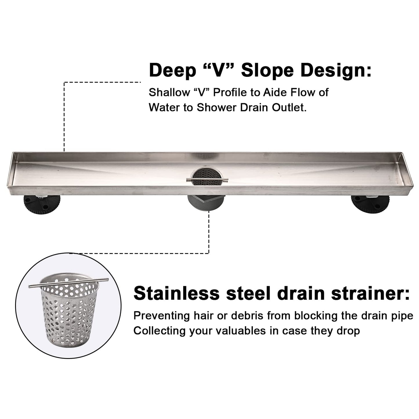Linear Shower Floor Drain, Black 24 Inch 304 Stainless Steel Bathroom Drains Kit, Rectangular Shower Trench Drain with Reversable Tile-in Pattern Drain Cover & Hair Catcher
