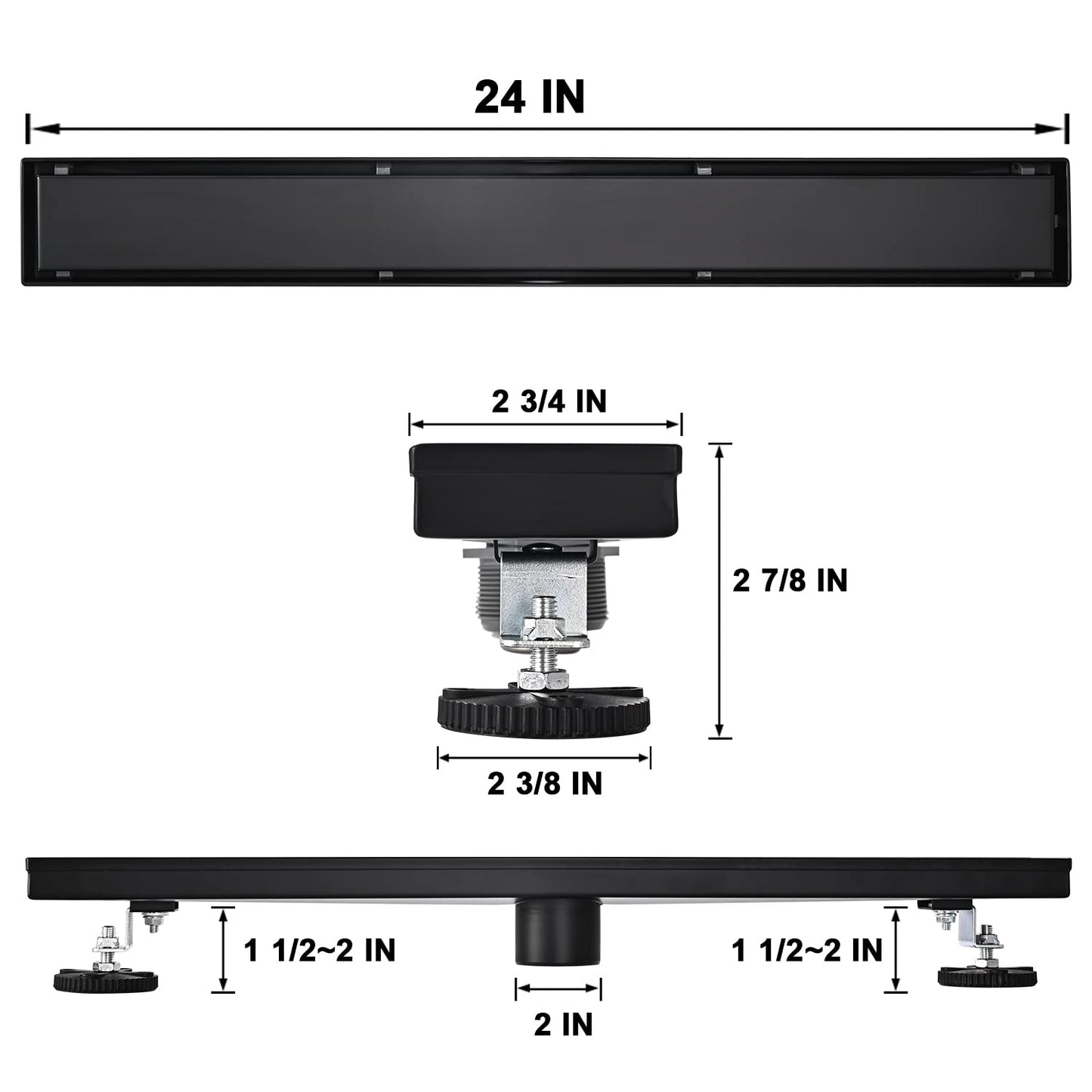 Linear Shower Floor Drain, Black 24 Inch 304 Stainless Steel Bathroom Drains Kit, Rectangular Shower Trench Drain with Reversable Tile-in Pattern Drain Cover & Hair Catcher