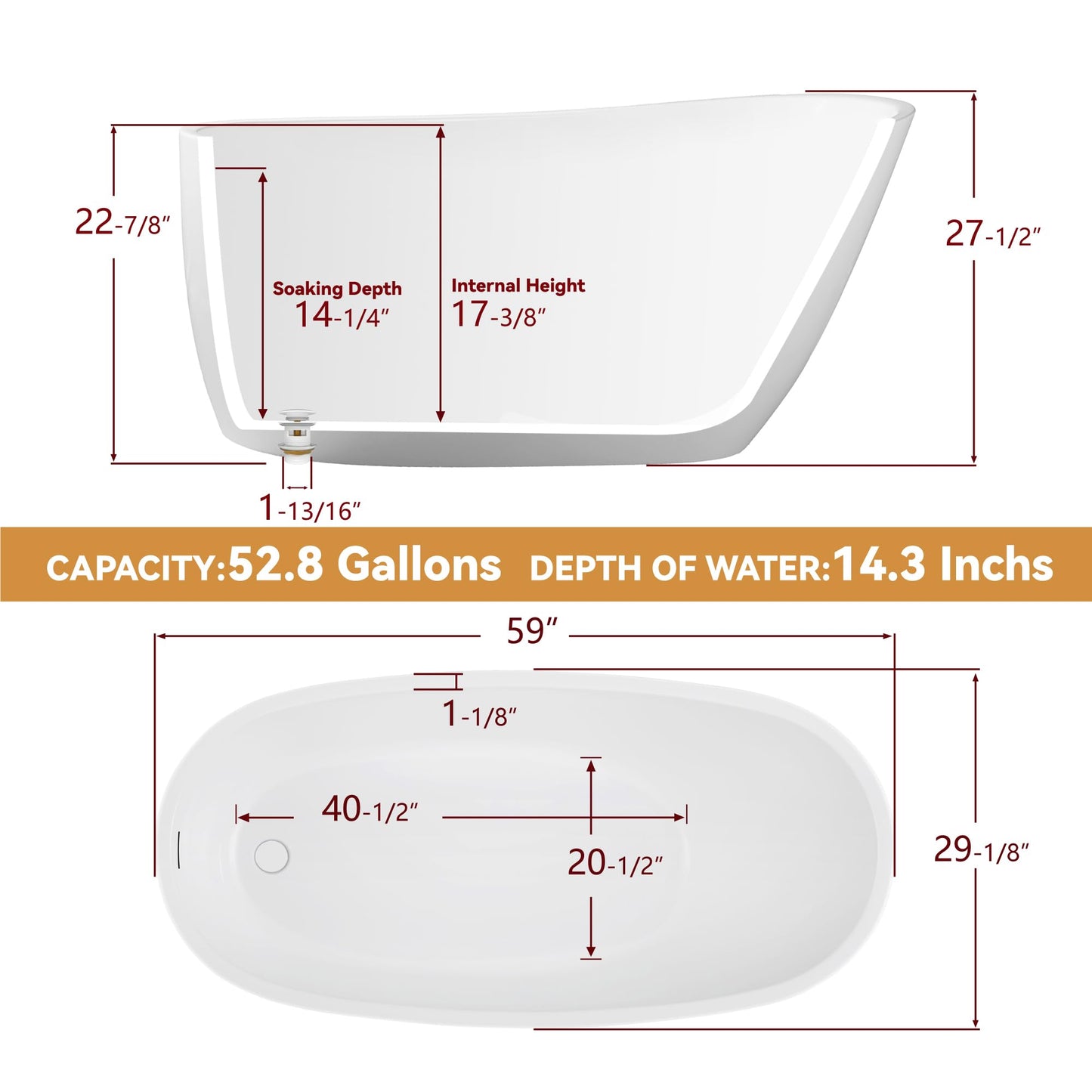 59 in. High-back Free Standing Tub, Contemporary Soaking Tub, Bathroom Stand Alone Freestanding Bathtub Overflow and Drain (Glossy White)