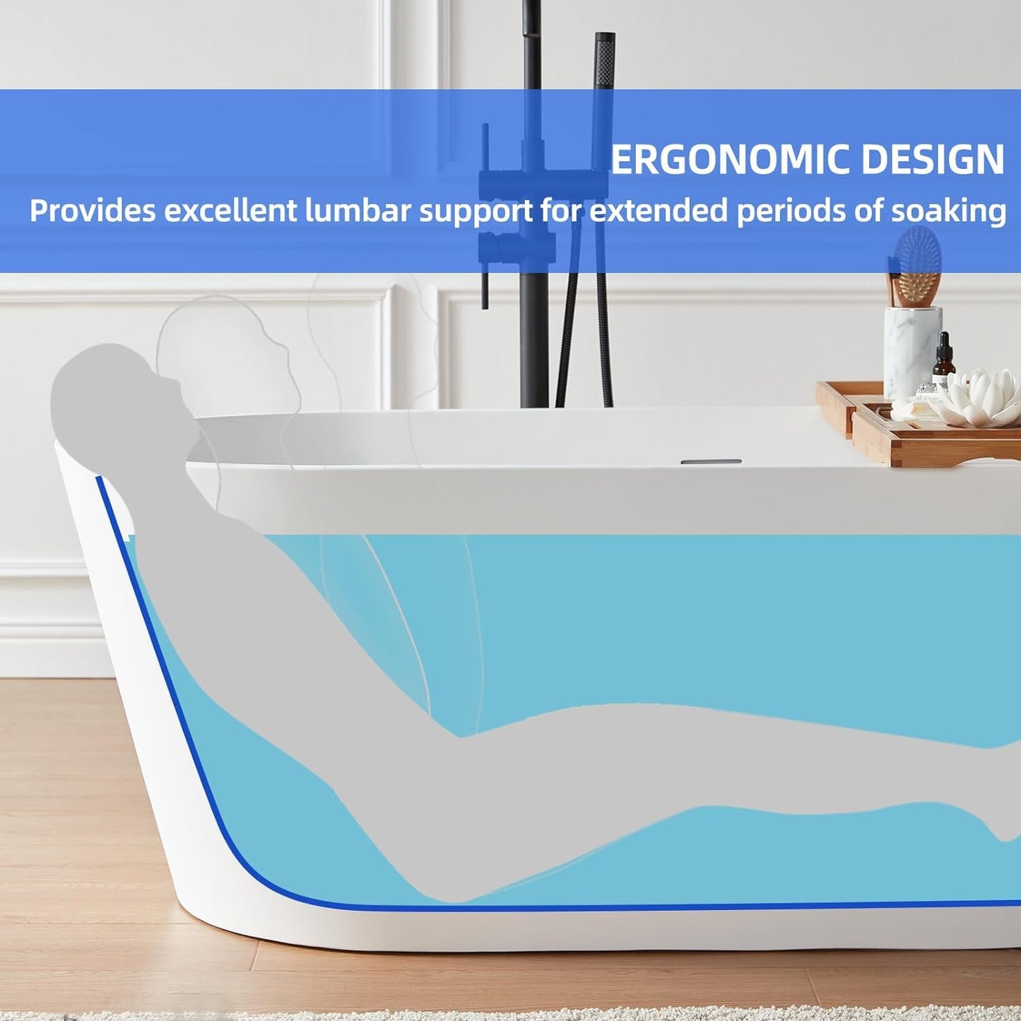 LOVMOR 67" Acrylic Freestanding Soaking Bathtub Soaking Bath Tub with Brushed Nickel Overflow and Pop Up Drain for Bathroom, Double Slipper Tub, Whit