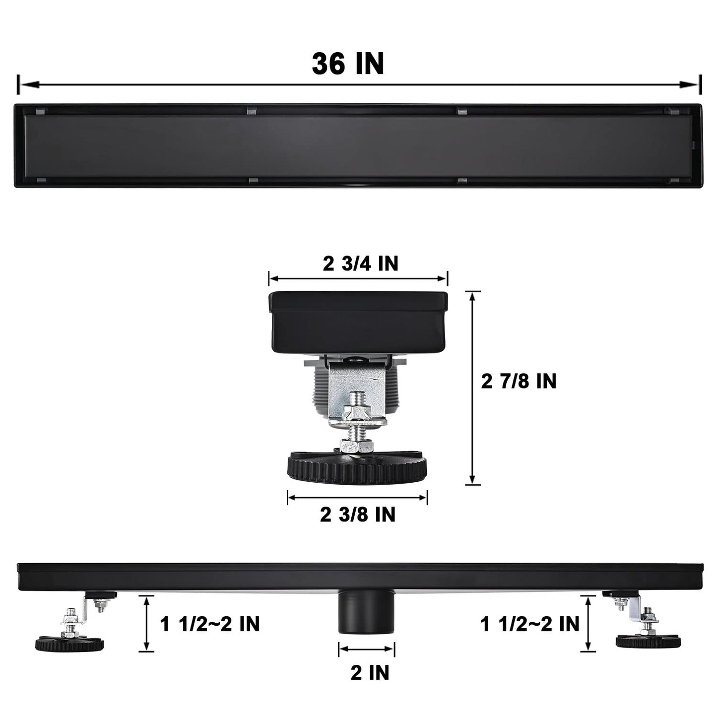 Linear Shower Floor Drain, Black 24 Inch 304 Stainless Steel Bathroom Drains Kit, Rectangular Shower Trench Drain with Reversable Tile-in Pattern Drain Cover & Hair Catcher