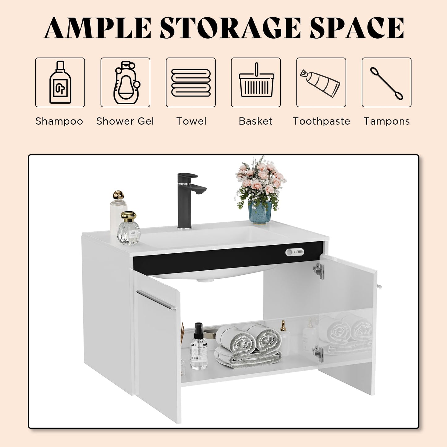AMERLIFE 31" LED Floating Bathroom Vanity with Sink, High Gloss Single Sink Wall Mounted Bathroom Storage Vanity Cabinet, Modern Bathroom Sink Cabinet with Metal Handles, White