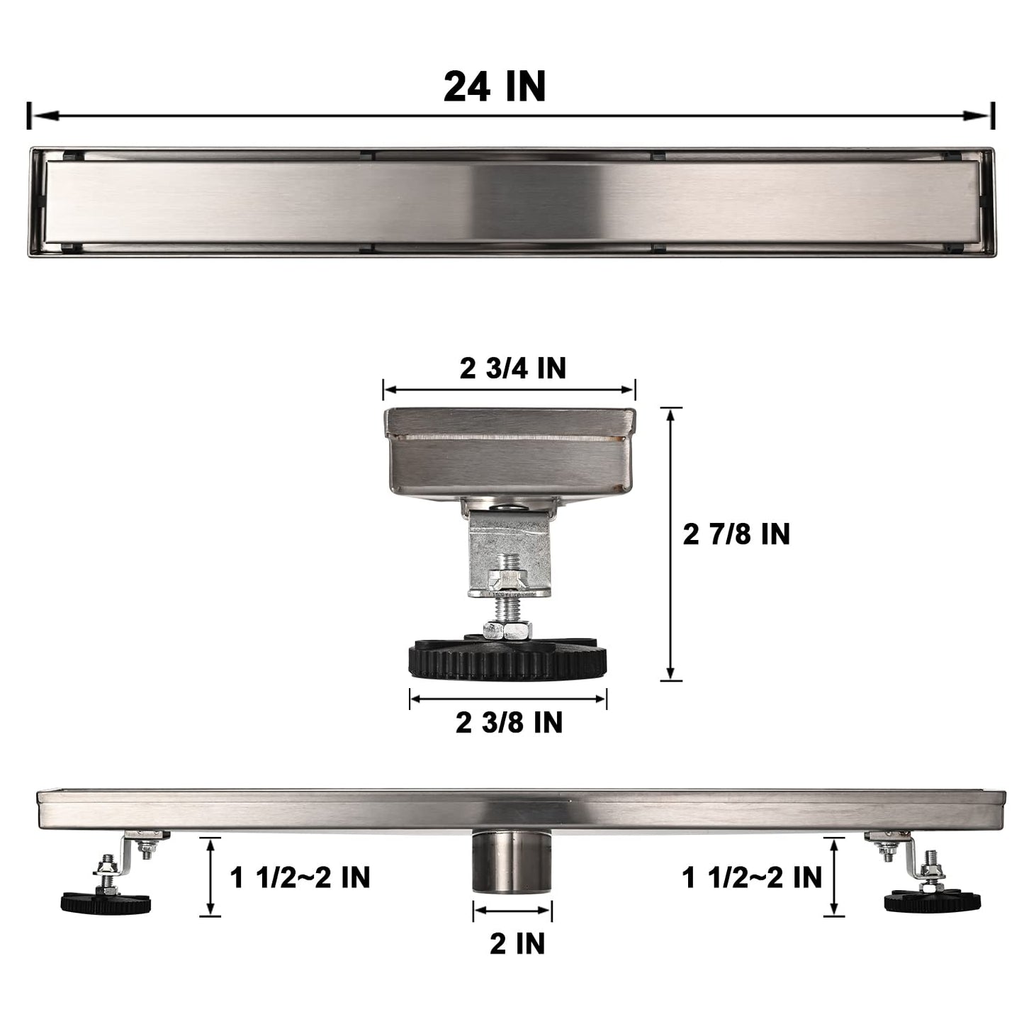 Linear Shower Floor Drain, Black 24 Inch 304 Stainless Steel Bathroom Drains Kit, Rectangular Shower Trench Drain with Reversable Tile-in Pattern Drain Cover & Hair Catcher
