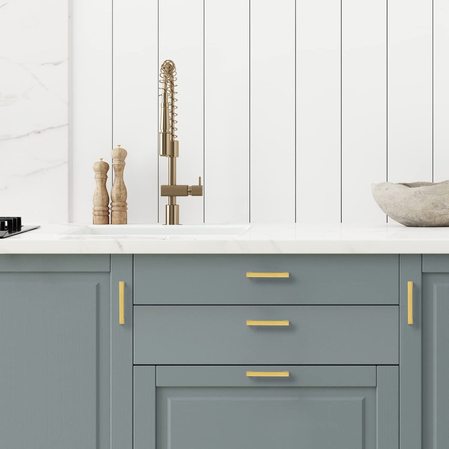 Ravinte 10 Pack Gold Cabinet Pulls 12-3/5 Inch Brushed Brass Kitchen Cabinet Handles Gold Square Kitchen Hardware for Cabinet Gold Kitchen Drawer Pulls Come with Screwdriver