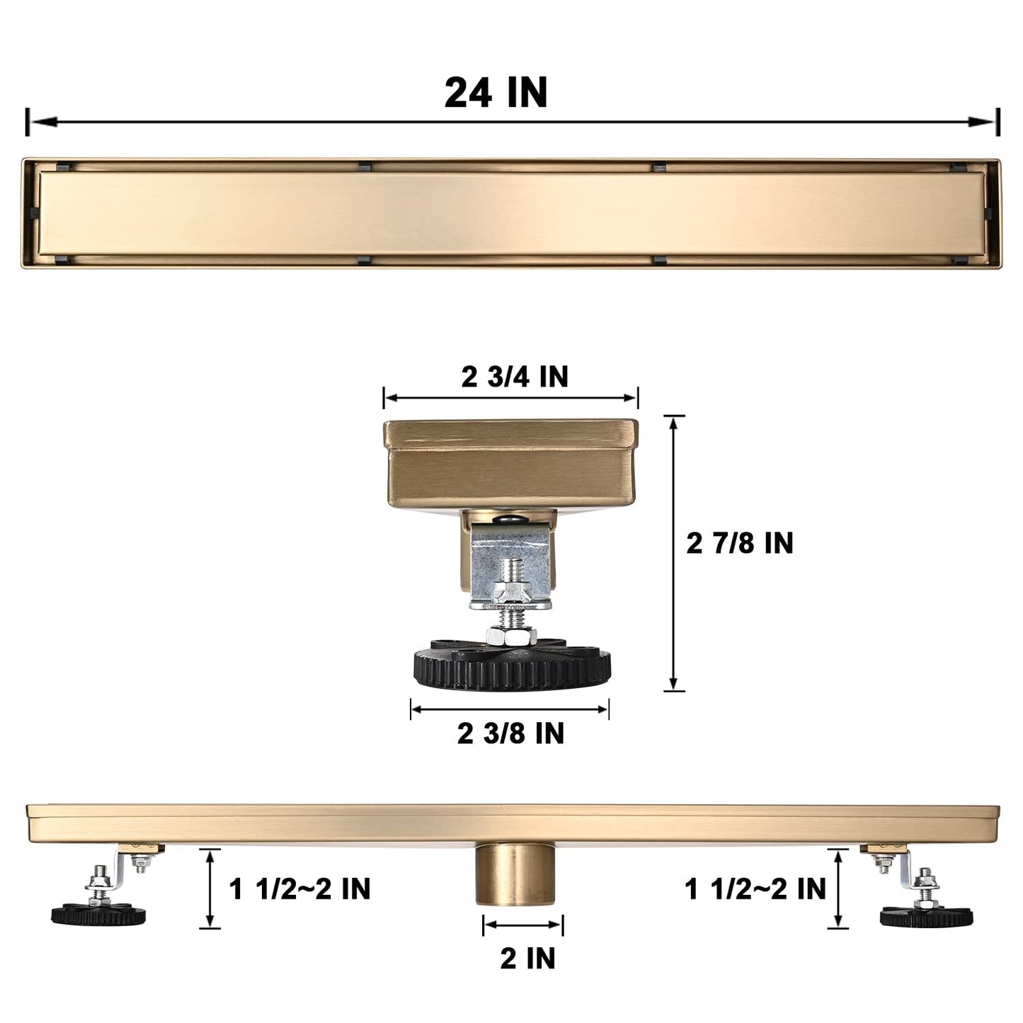 Linear Shower Floor Drain, Black 24 Inch 304 Stainless Steel Bathroom Drains Kit, Rectangular Shower Trench Drain with Reversable Tile-in Pattern Drain Cover & Hair Catcher