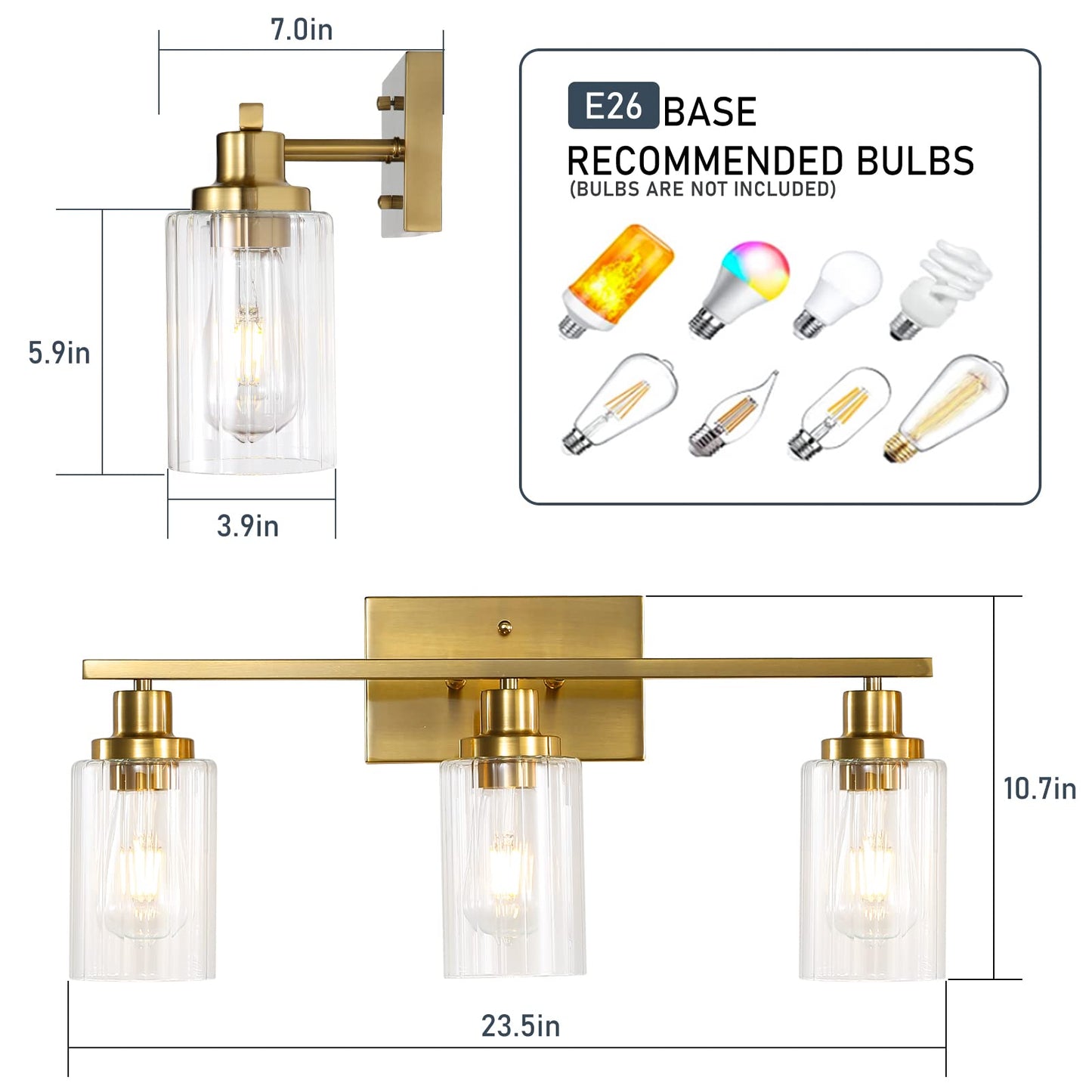 Jonsi Gold Bathroom Vanity Lights, 4 Light Brushed Gold Bathroom Light Fixtures with Fluted Glass Shade, Modern Gold Bathroom lights Over Mirror,Vanity Lighting Fixtures,31.1" W x 10.7" H