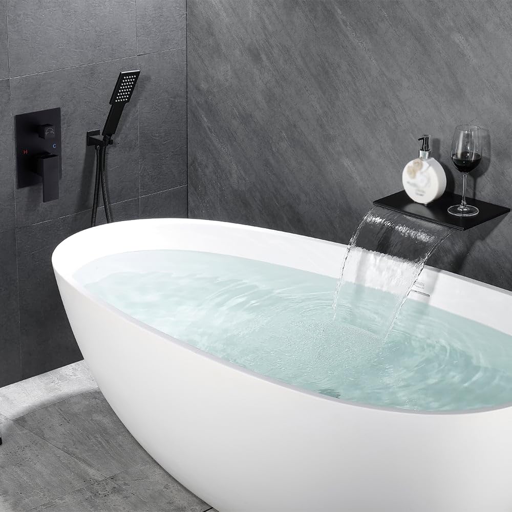 Wall Mounted Tub Faucet Set with Handheld Shower Modern Single Handle Waterfall Spout Tub Filler Solid Brass in Brushed Gold
