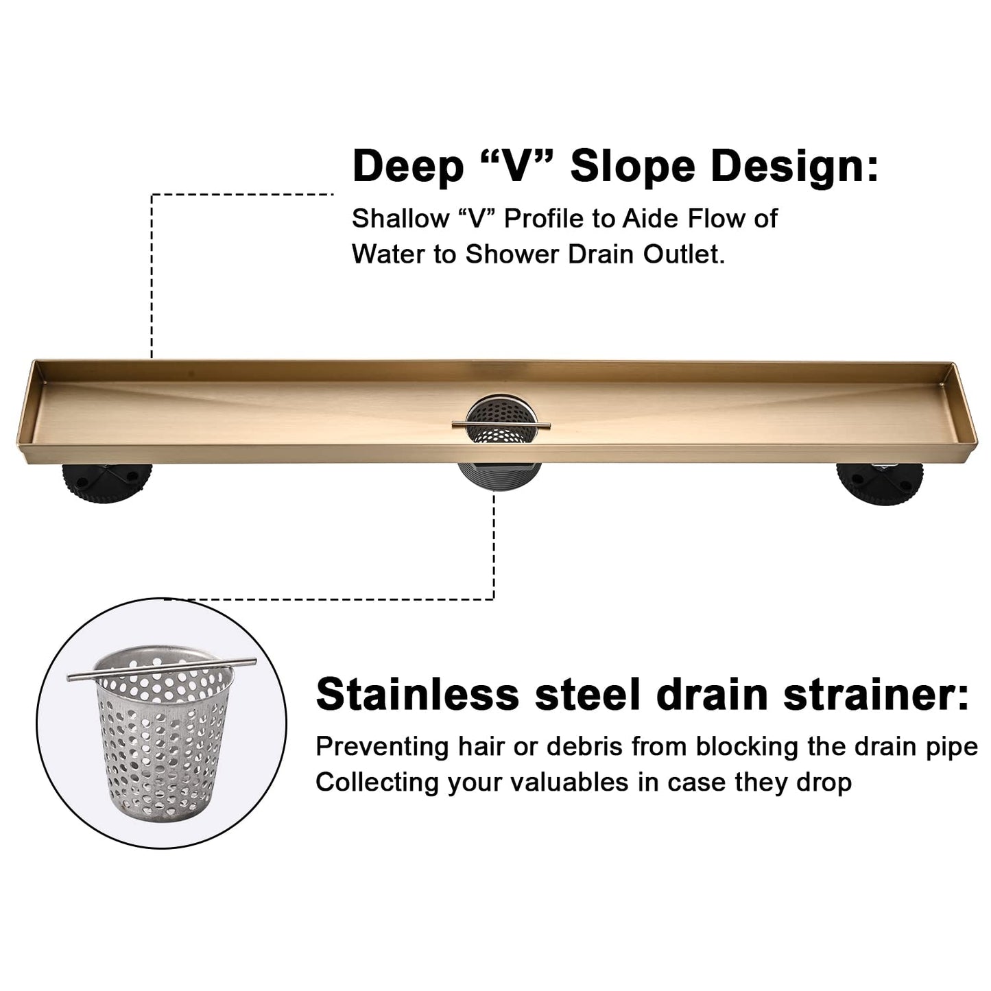 Linear Shower Floor Drain, Black 24 Inch 304 Stainless Steel Bathroom Drains Kit, Rectangular Shower Trench Drain with Reversable Tile-in Pattern Drain Cover & Hair Catcher