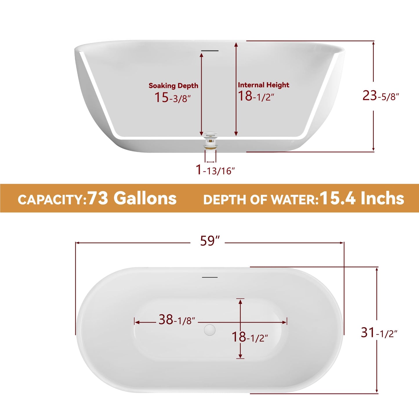 59 in. High-back Free Standing Tub, Contemporary Soaking Tub, Bathroom Stand Alone Freestanding Bathtub Overflow and Drain (Glossy White)