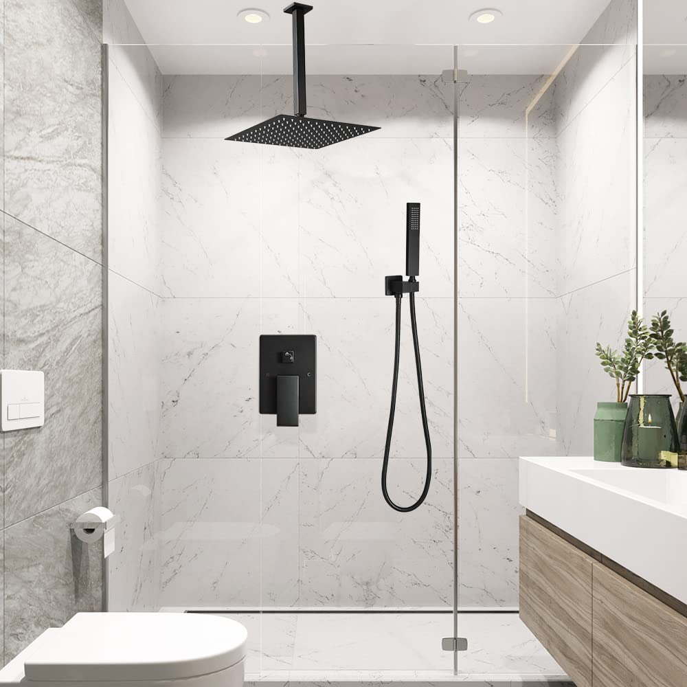 Shower System Brushed Nickel Bathroom 10 Inch Rain Shower Head Ceiling Mount with Handheld Luxury High Pressure Shower Combo Set Shower Faucet Rough-in Valve Body and Trim Included