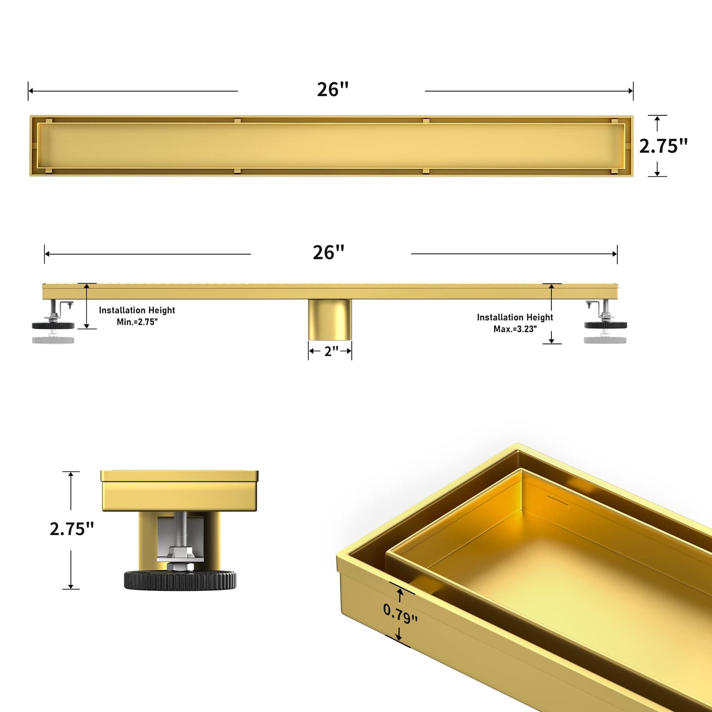 Square Shower Drain 6", Brushed Gold Floor Drain with Tiled Insert Grate & Hair Strainer, 304 Stainless Steel Bathroom 2-in-1 Tiled in Drain, CUPC Certified (Brushed Gold, 6'')