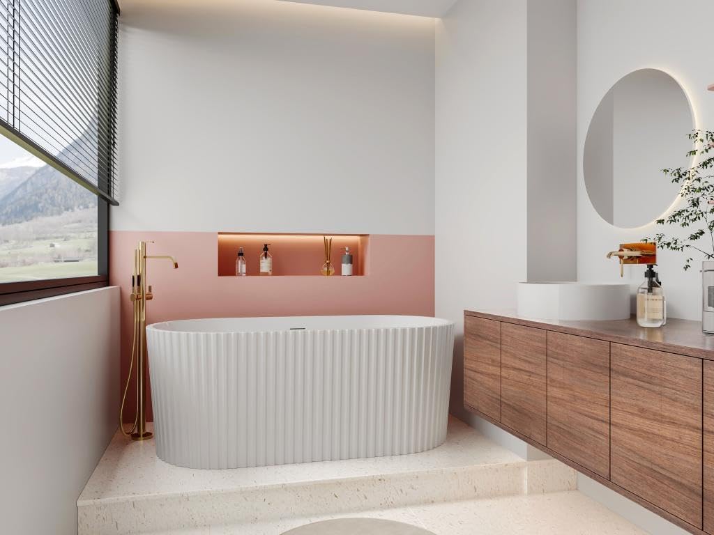 LOVMOR 67" Acrylic Freestanding Soaking Bathtub Soaking Bath Tub with Brushed Nickel Overflow and Pop Up Drain for Bathroom, Double Slipper Tub, Whit