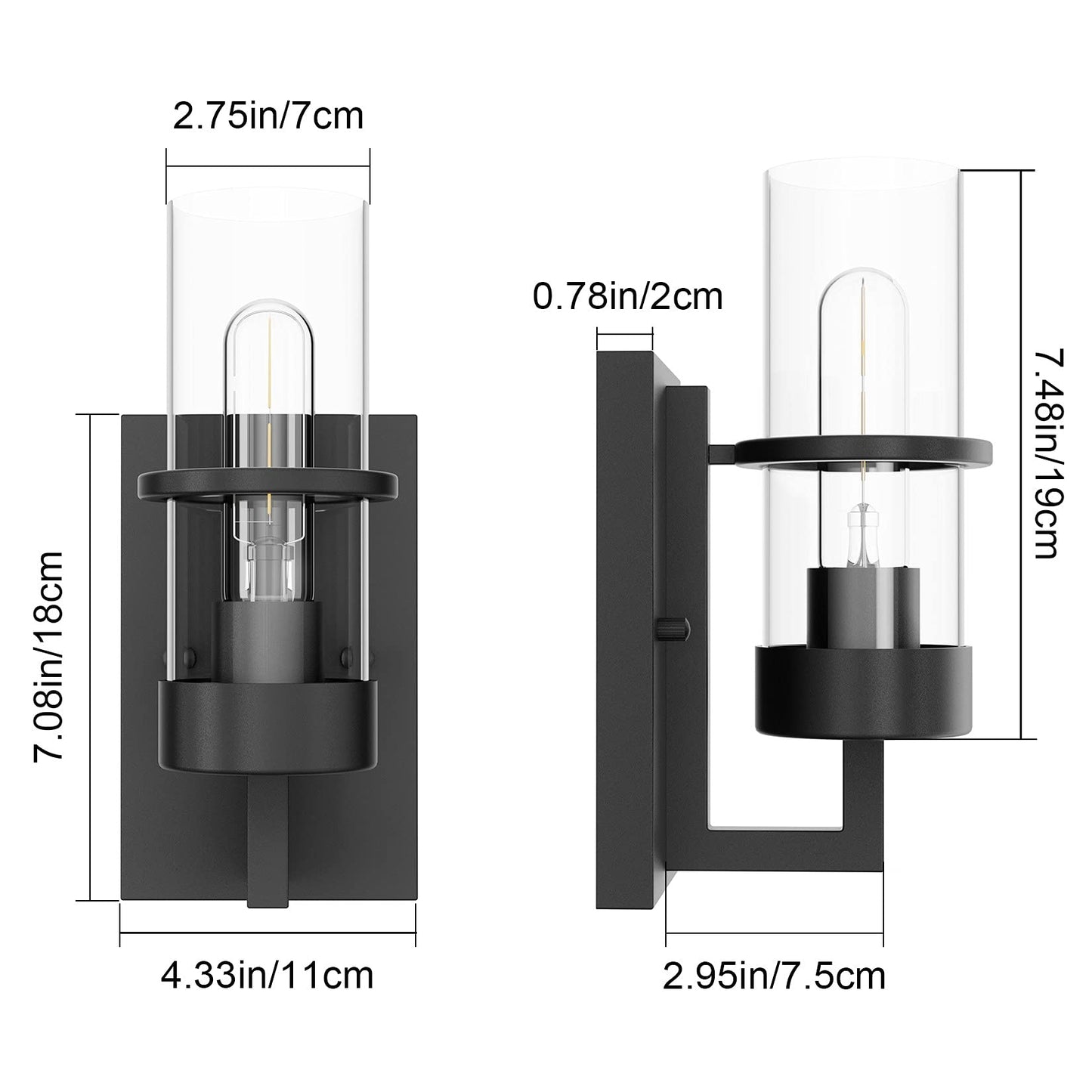 Tipace Black 2-Pack Wall Light Fixtures,Industrial Wall Sconces Clear Glass Wall Mount Sconce,Wall Lamp for Living Room Bedroom Hallway(Bulb not Include)