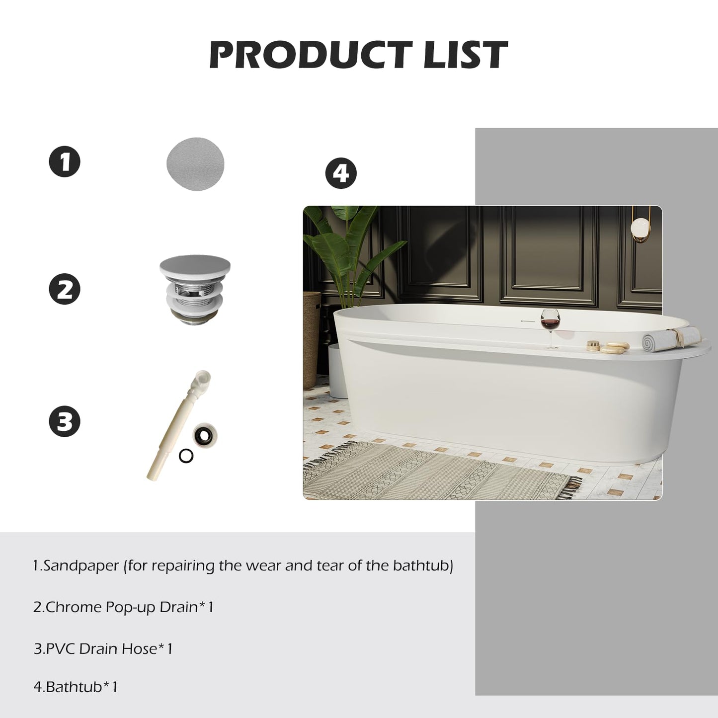 Freestanding Solid Surface Resin Stone Bathtub, Contemporary Design Stand Alone Tub with Pop-up Drain and Overflow, cUPC Certified (PO1041)