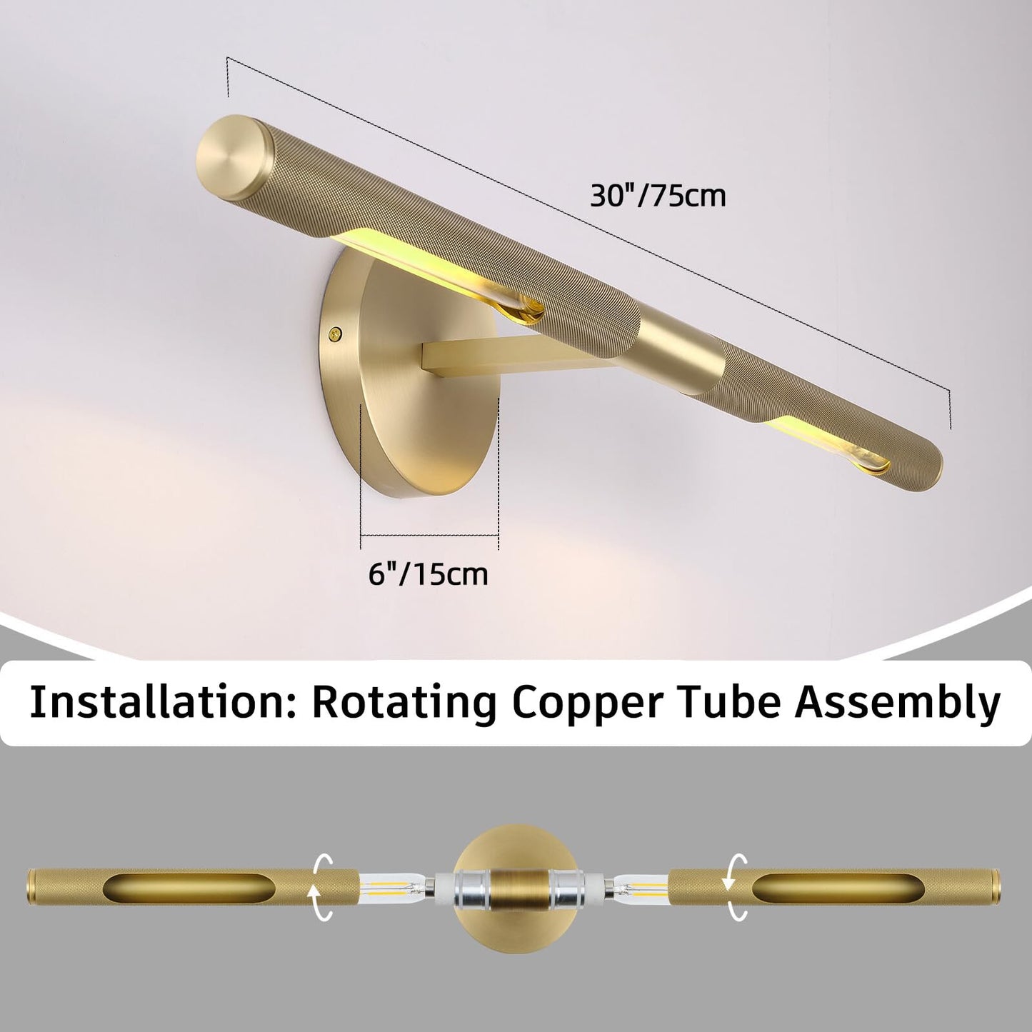 Knurled Brass Picture Light,19 in Gold Picture Lights For Wall,Rotatable 360° Wall Sconces Lighting,Bathroom Vanity Light,Bathroom Wall Sconce,Linear Knurled texture Wall Sconce,Includes bulbs
