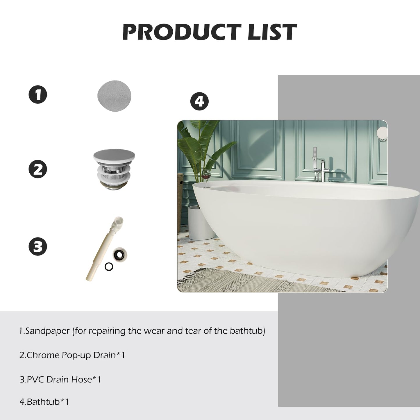 Freestanding Solid Surface Resin Stone Bathtub, Contemporary Design Stand Alone Tub with Pop-up Drain and Overflow, cUPC Certified (PO1041)