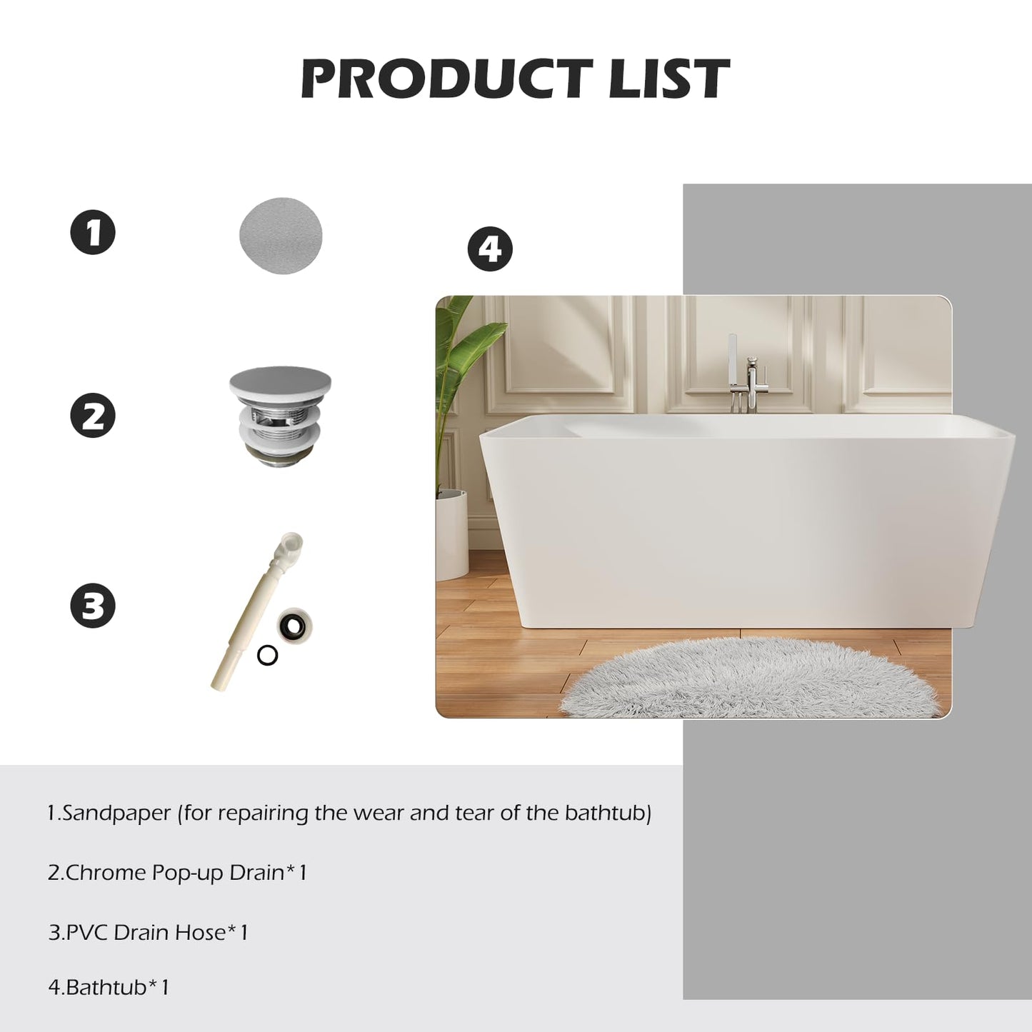 Freestanding Solid Surface Resin Stone Bathtub, Contemporary Design Stand Alone Tub with Pop-up Drain and Overflow, cUPC Certified (PO1041)