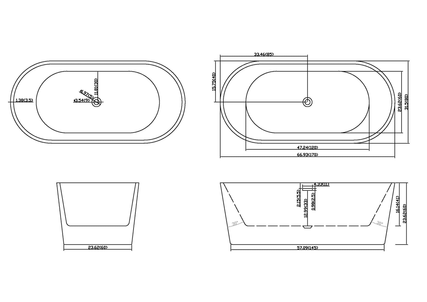 LOVMOR 67" Acrylic Freestanding Soaking Bathtub Soaking Bath Tub with Brushed Nickel Overflow and Pop Up Drain for Bathroom, Double Slipper Tub, Whit