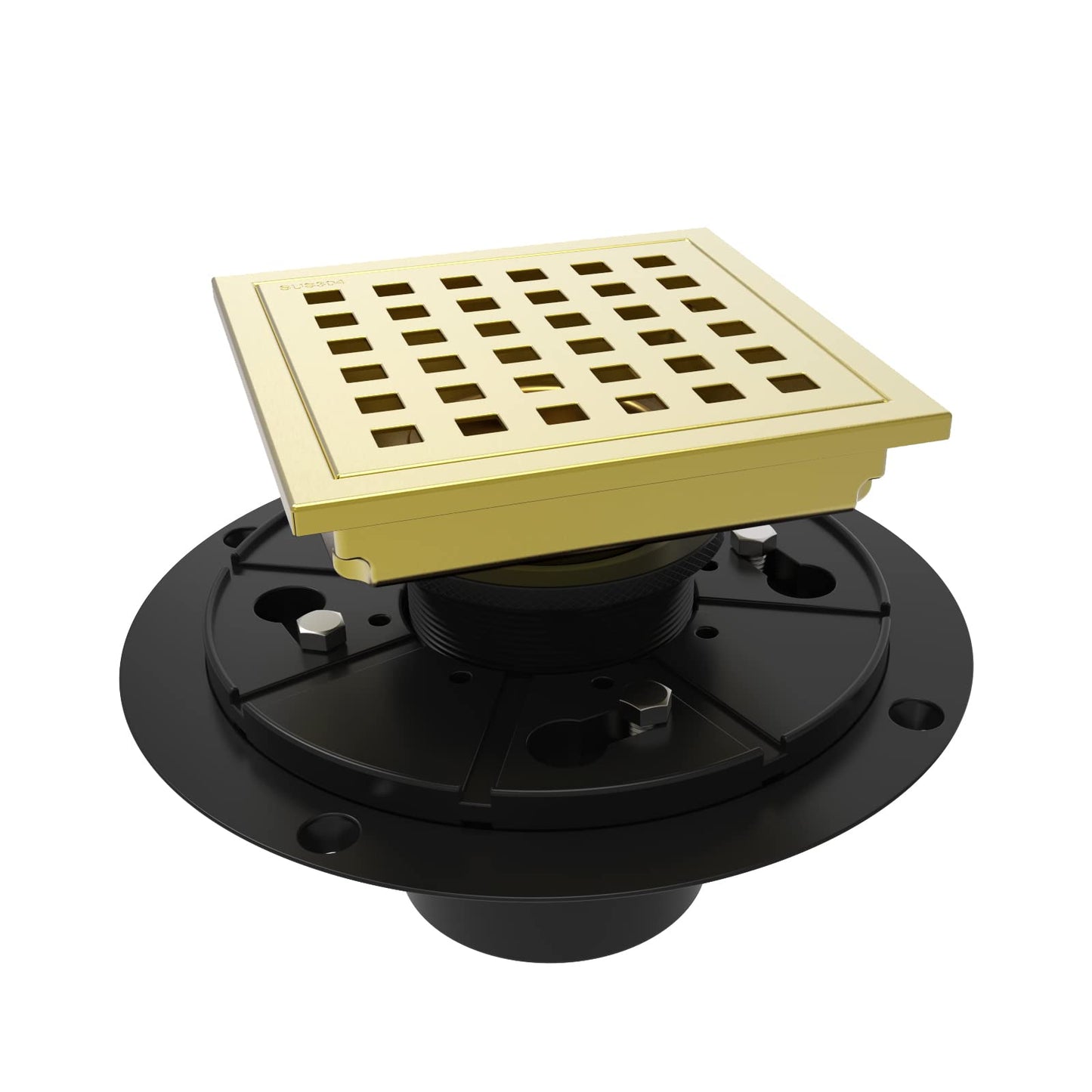 6 Inch Square Shower Floor Drain with Flange,Quadrato Pattern Grate Removable,Food-grade SUS 304 Stainless Steel,WATERMARK&CUPC Certified, Brushed Gold